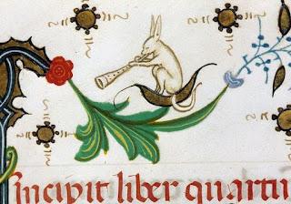 Medieval illustration of a rabbit blowing a horn
